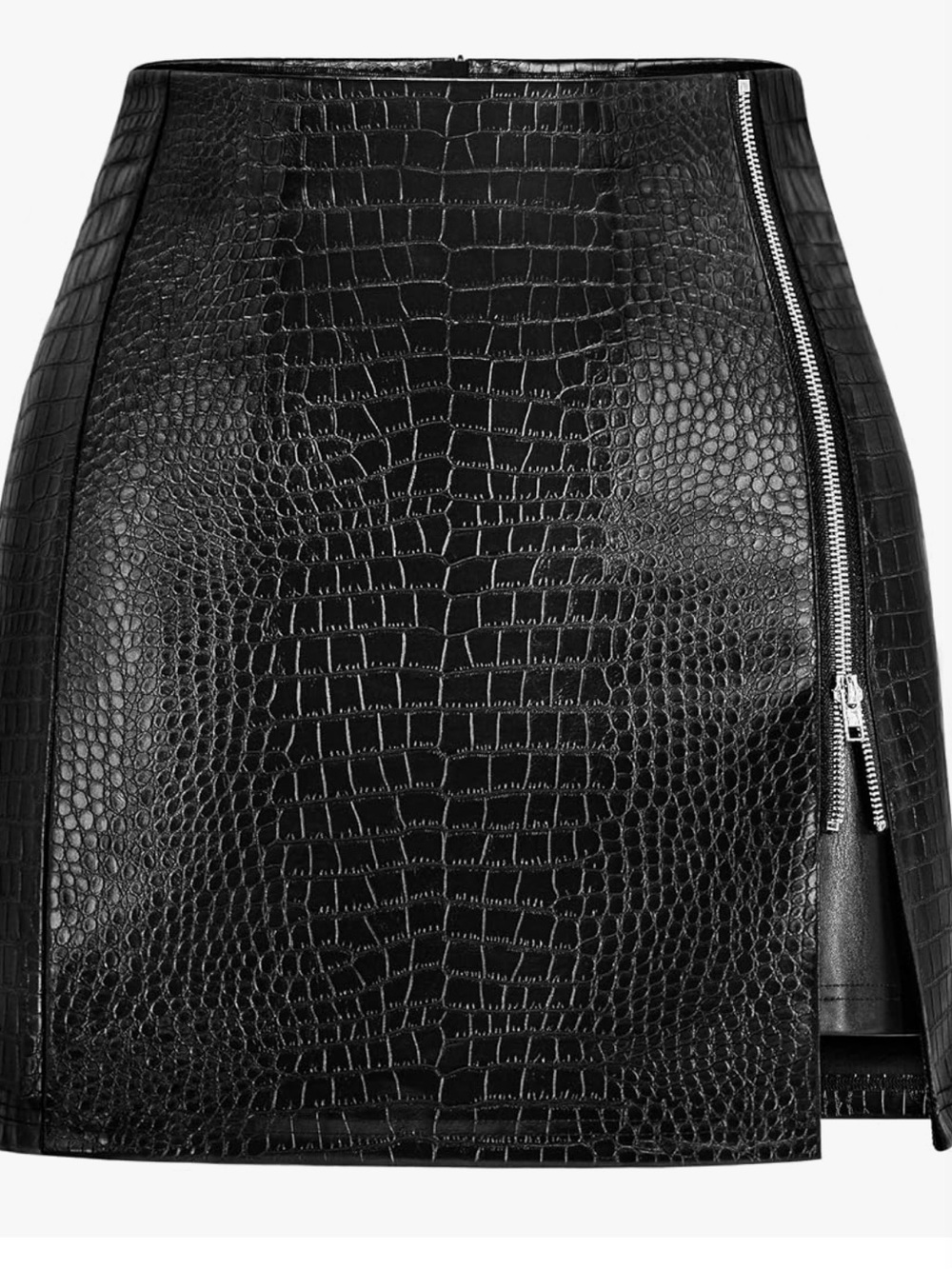 Black Faux Croc Leather High-Waist Mini Skirt with Side Zipper